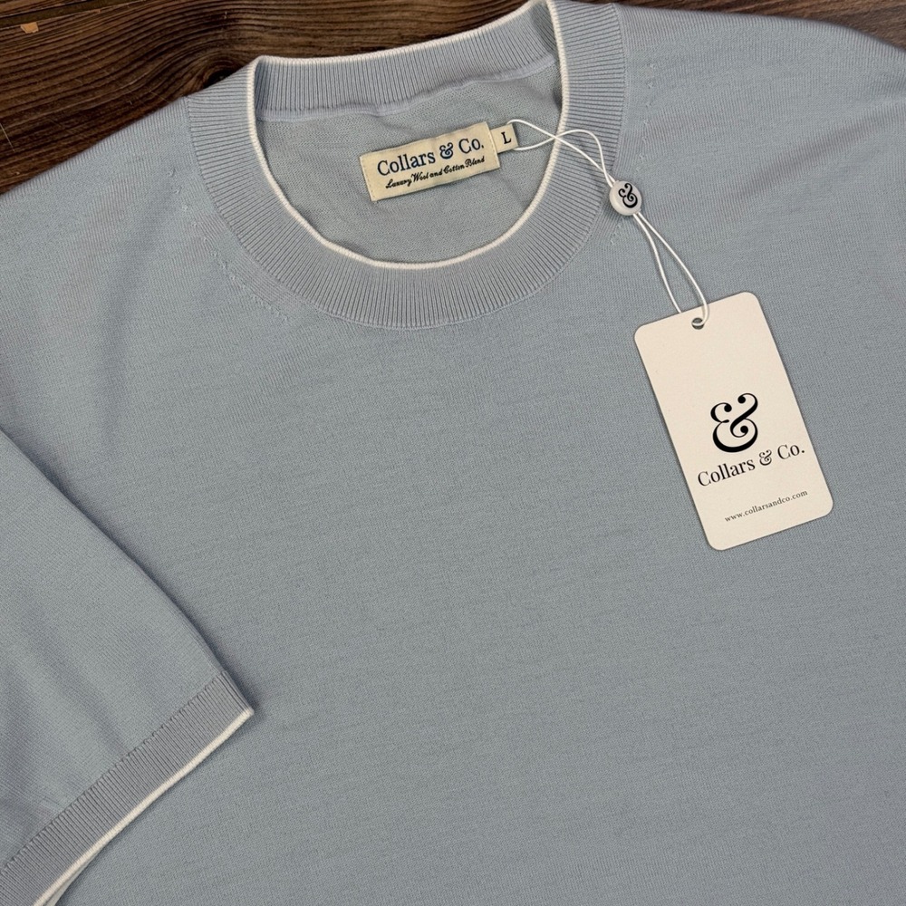 Collars & Co Men Size Large Sweater Tee Light Blue Wool Cotton Tipped Trim NEW